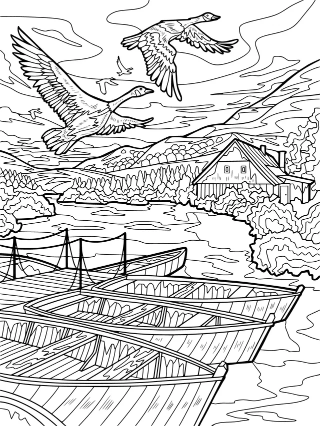 Flying Birds and Colorful Boats by the River