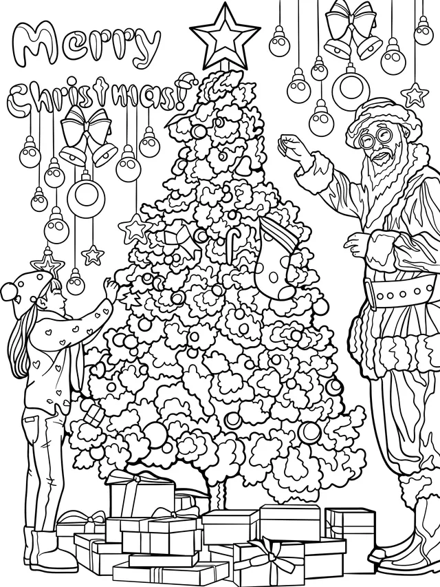 Santa Claus and a girl decorating a Christmas tree