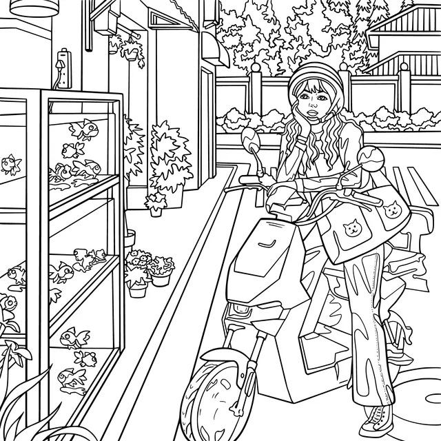 Woman on an electric - scooter stopping to look at goldfish