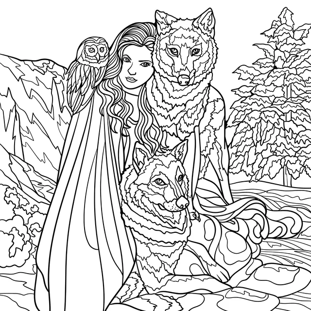 Woman in red with wolves and an owl