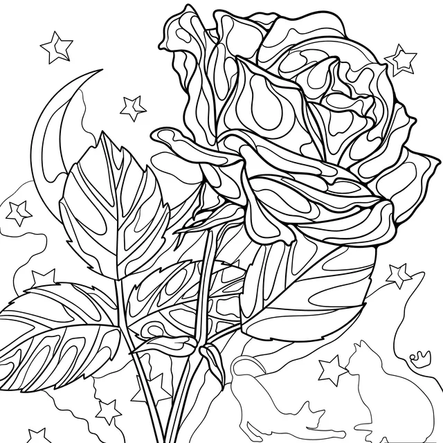 Yellow Rose and Cats under the Moon - lit Night Sky