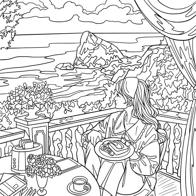 A woman enjoying breakfast on a sea - view balcony