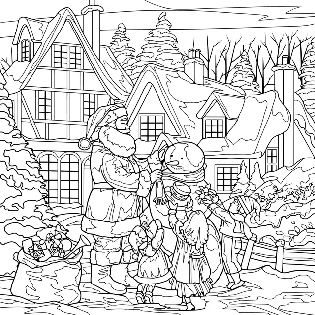 Santa Claus and children building a snowman