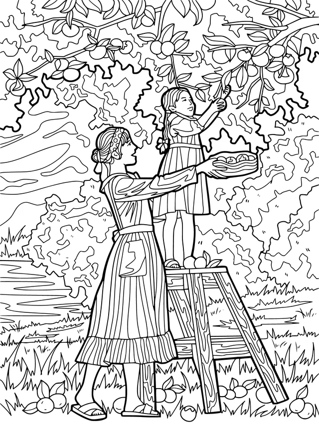 Mother and daughter picking oranges in the orchard