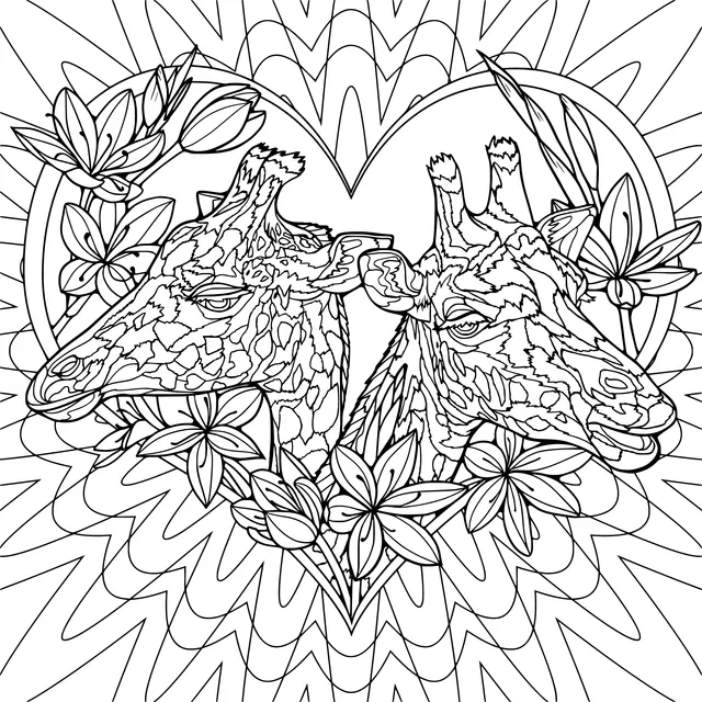 Two Giraffes and Flowers in a Heart - shaped Pattern