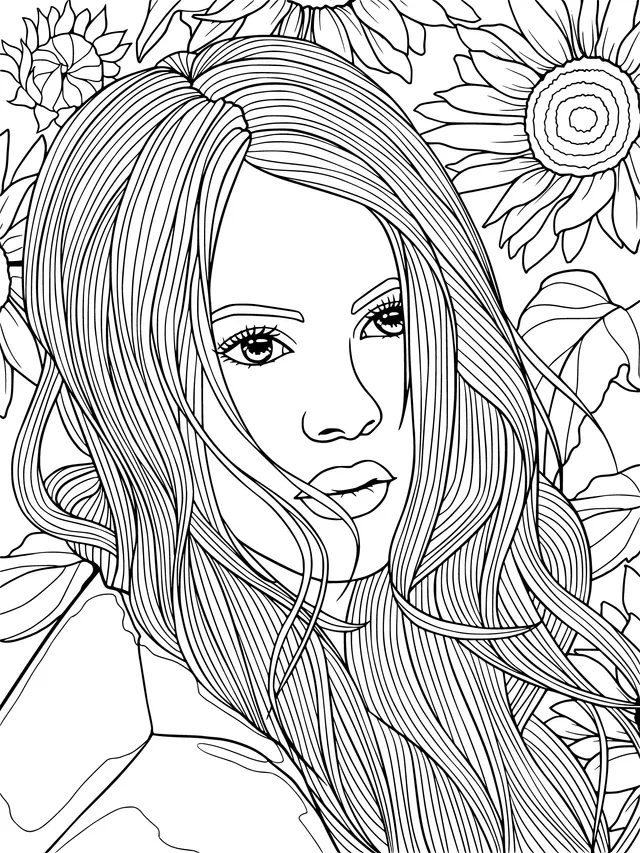 Pink - haired woman beside sunflowers