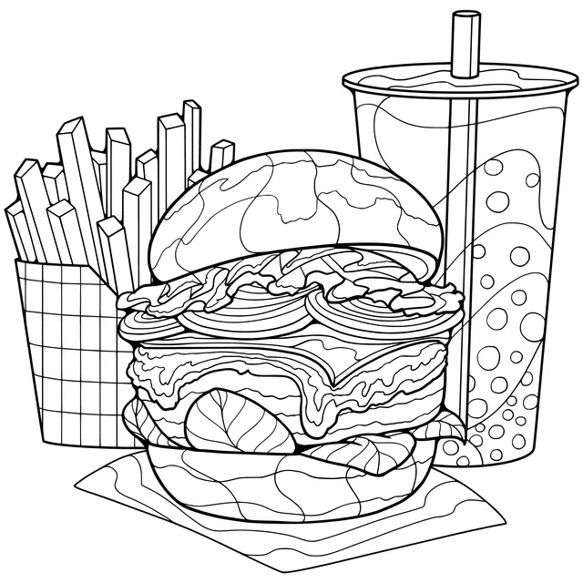 Hamburger, French Fries and Beverage