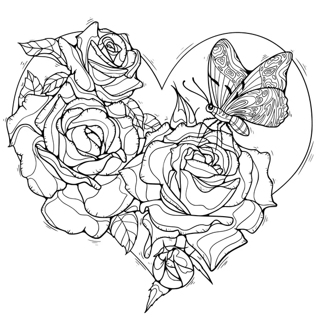 Blue Roses and a Butterfly against a Heart - shaped Background