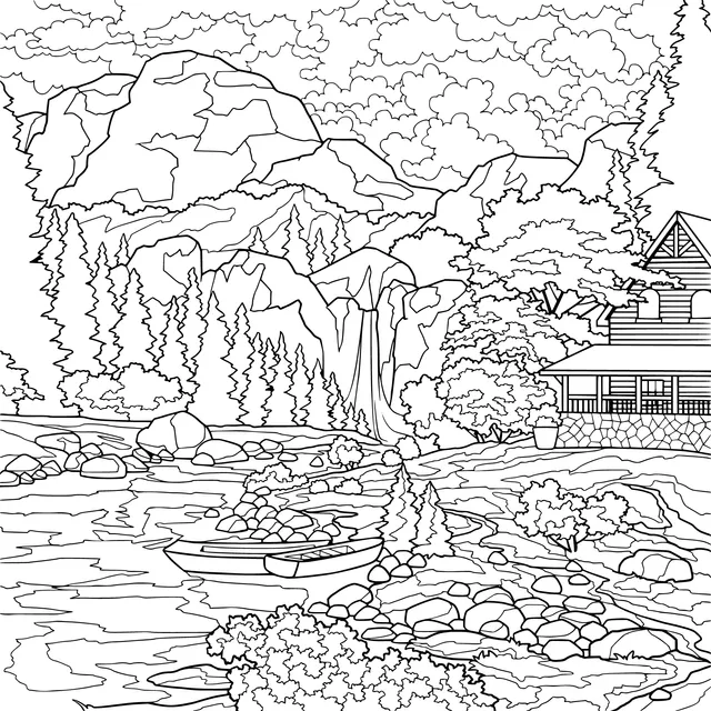 Beautiful Scenery of a Cottage by the Mountain - side Lake