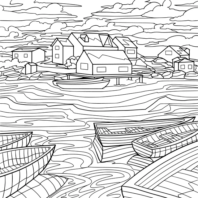 Seaside fishing village at dusk