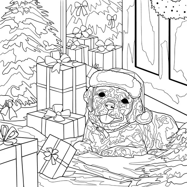 Dog wearing a Santa hat with gifts