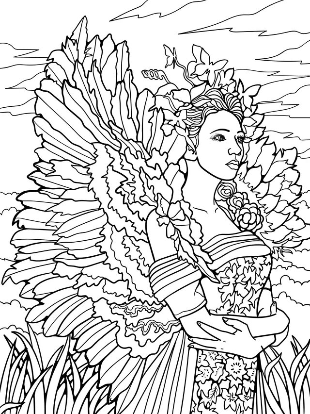 Woman with Colorful Wings and Floral Ornaments