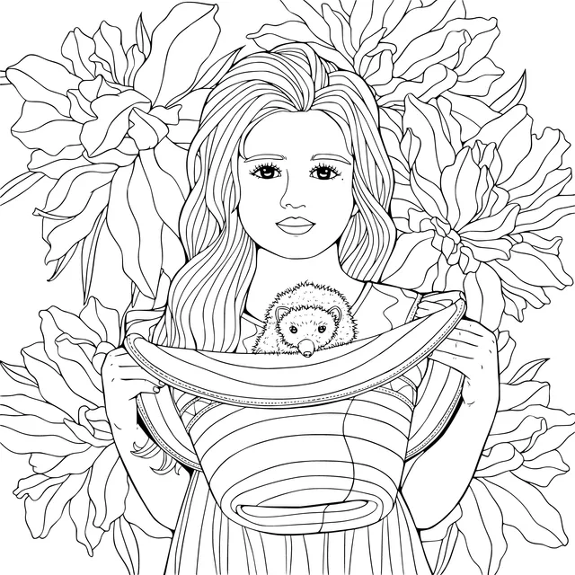 Woman holding a hedgehog and a flower basket