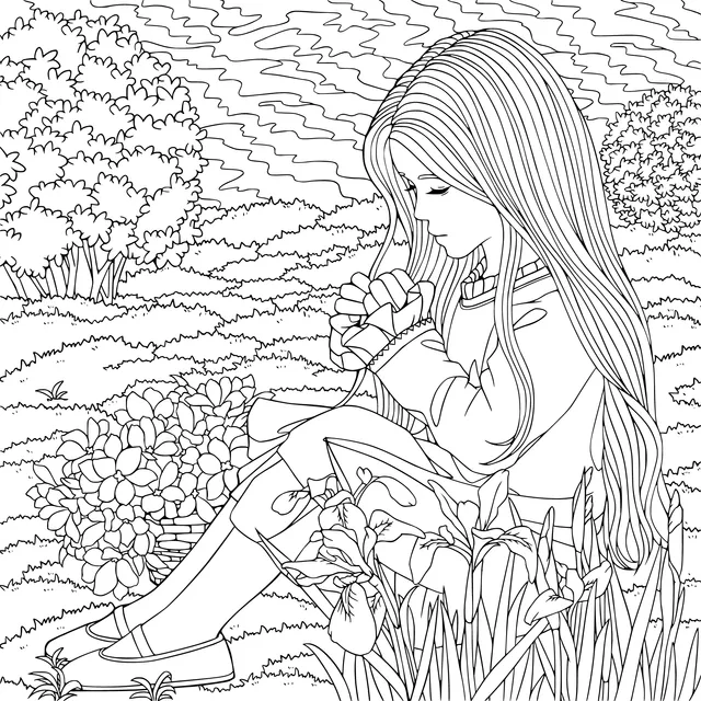 Thoughtful Girl among the Flowers