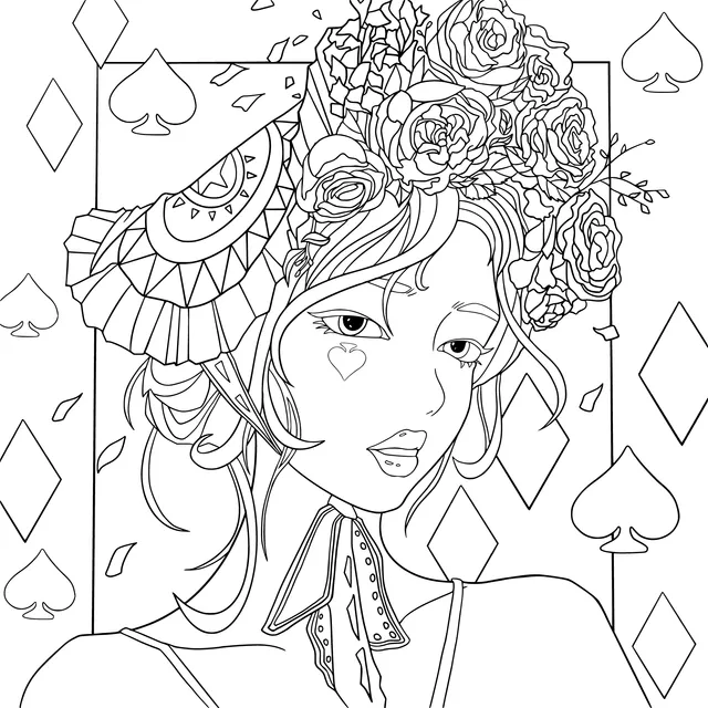 Woman wearing flower decorations and a distinctive hat