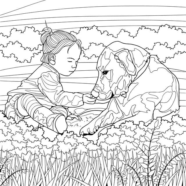 A warm - hearted moment between a girl and a dog on the grass