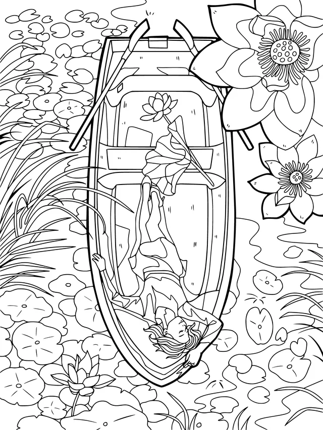 Woman rowing on a lotus - filled pond