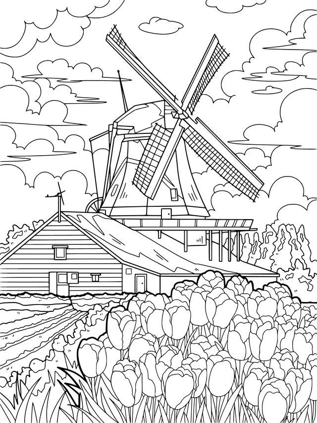 Windmill and Tulip Rural Scenery
