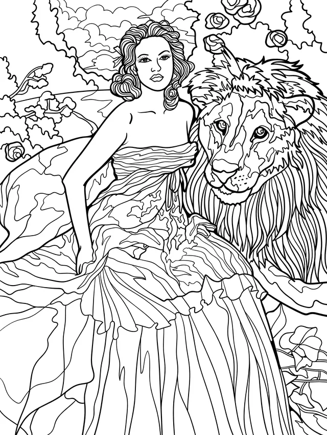 Woman in a blue dress and a lion