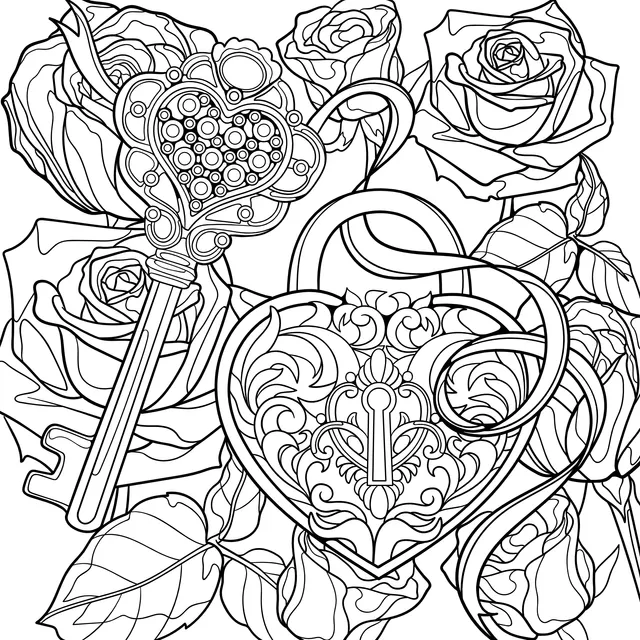 Heart - shaped key and lock surrounded by roses