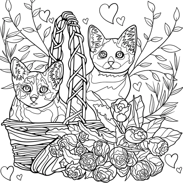 Two Cats and Roses in a Flower Basket