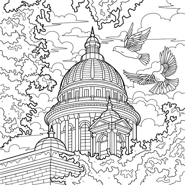 Domed Building and Flying Birds