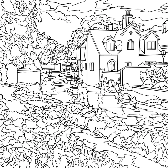 Colorful Cottages by the River in Autumn