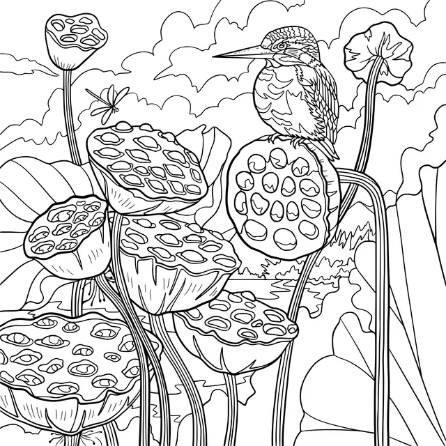 Kingfisher on Lotus Seed - Pods