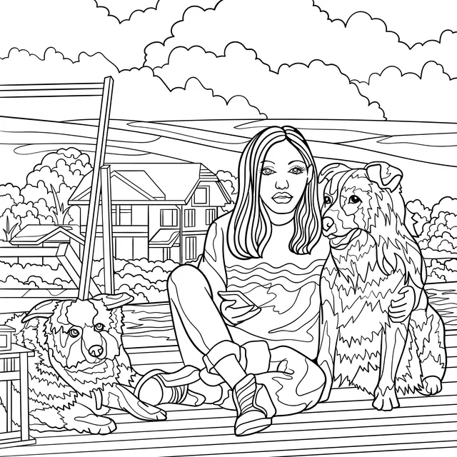 A Woman's Relaxing Time with Two Dogs