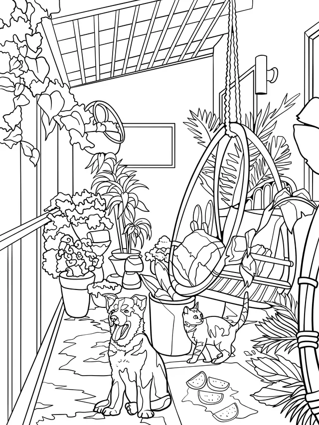 Dogs, cats and green plants on the balcony