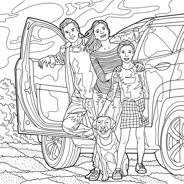 A family and a dog beside the car