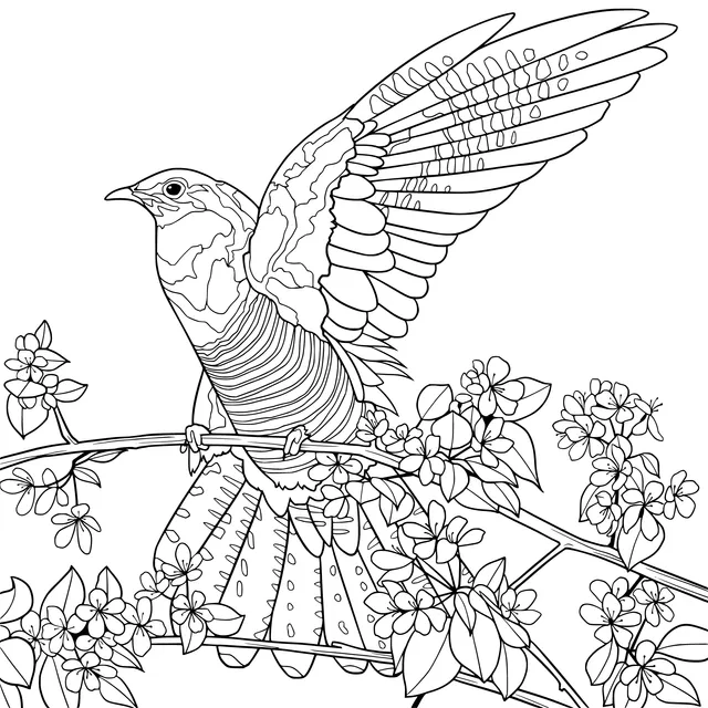 Bird Spreading Its Wings on Flower - laden Branch