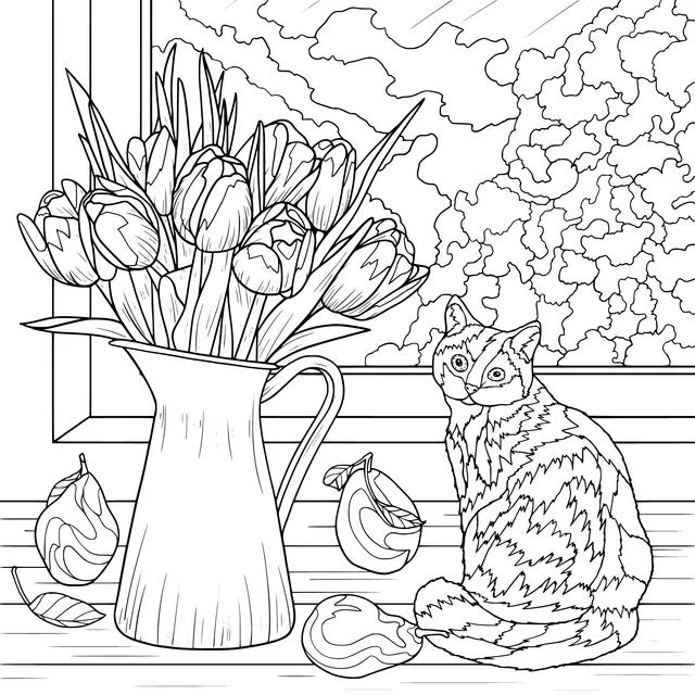 Cat, Flowers and Fruits by the Window