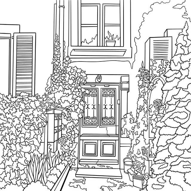 Residential entrance surrounded by green plants