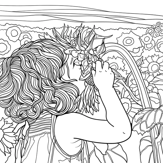 Girl Sniffing Sunflowers