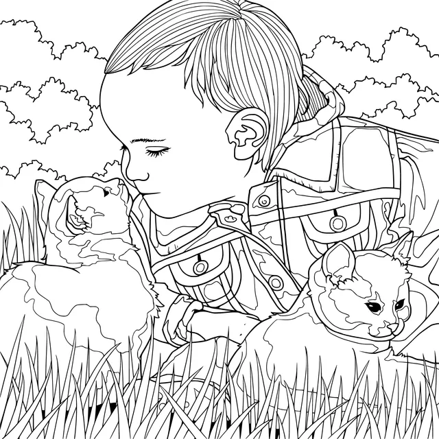Child and kittens having an affectionate moment on the grass