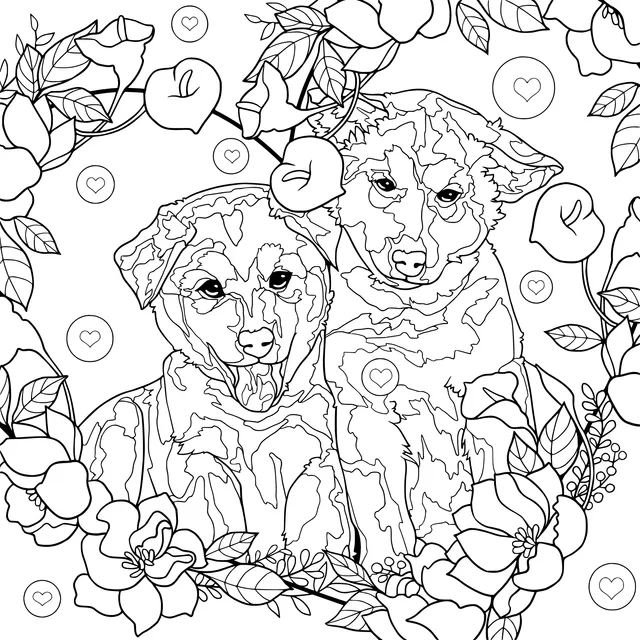Two Puppies in the Flower Bed