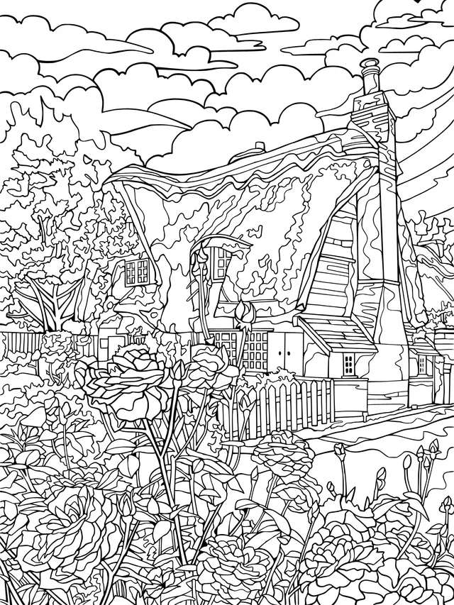 Cottage and Blooming Flowers in the Countryside