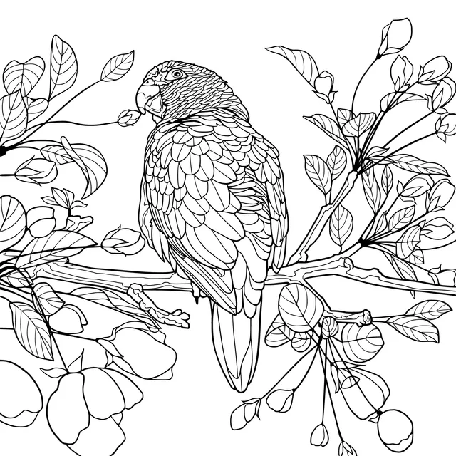 Green Parrot Perched on Flowering Branch
