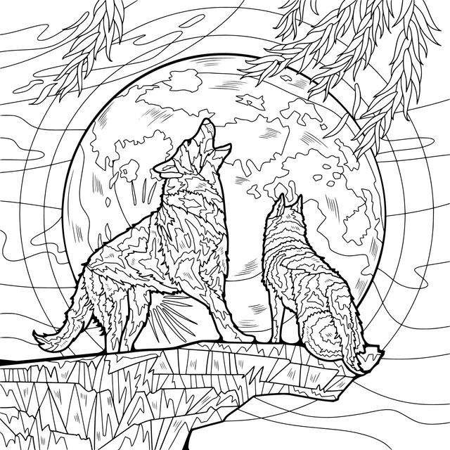 Two Wolves under the Moon - lit Night