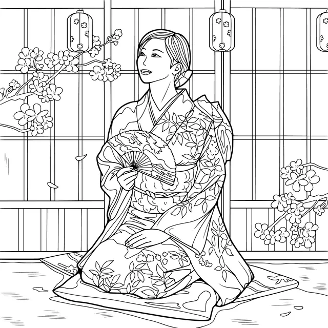 Woman in Kimono Holding a Fan