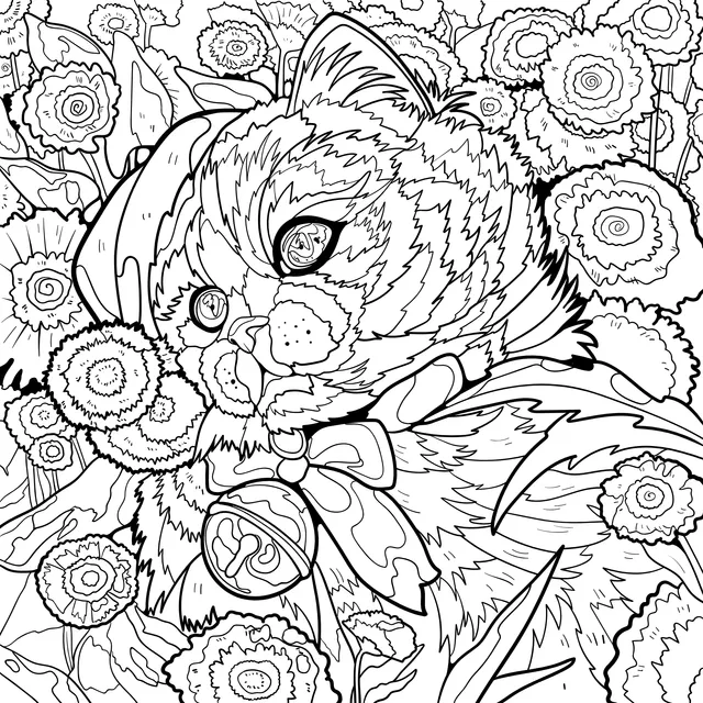A Cat with a Hat in the Flower - bed