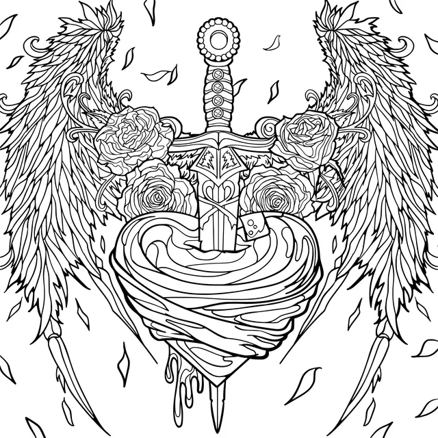 Heart with Wings, Roses and a Sword
