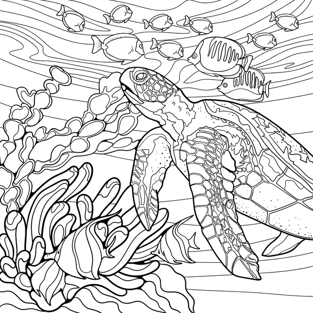 A Sea Turtle in a Colorful Underwater World