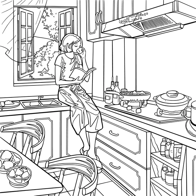 A Lady Reading Comfortably by the Kitchen Window