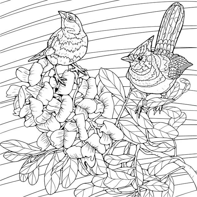 Two Birds on Blooming Flowers