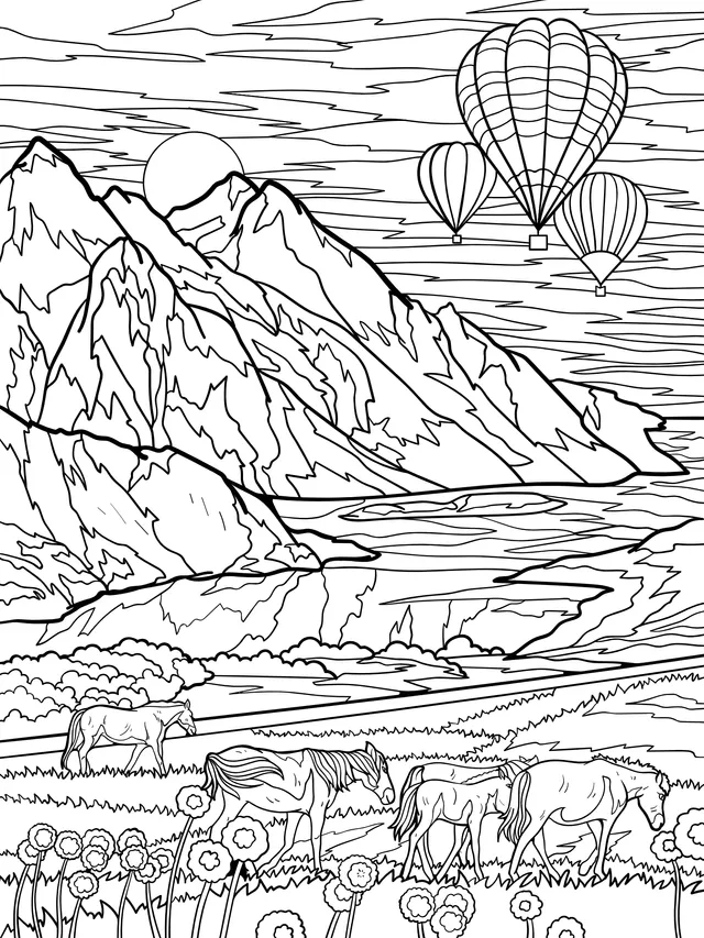 Hot - air Balloons and Herd of Horses in the Mountains at Sunset