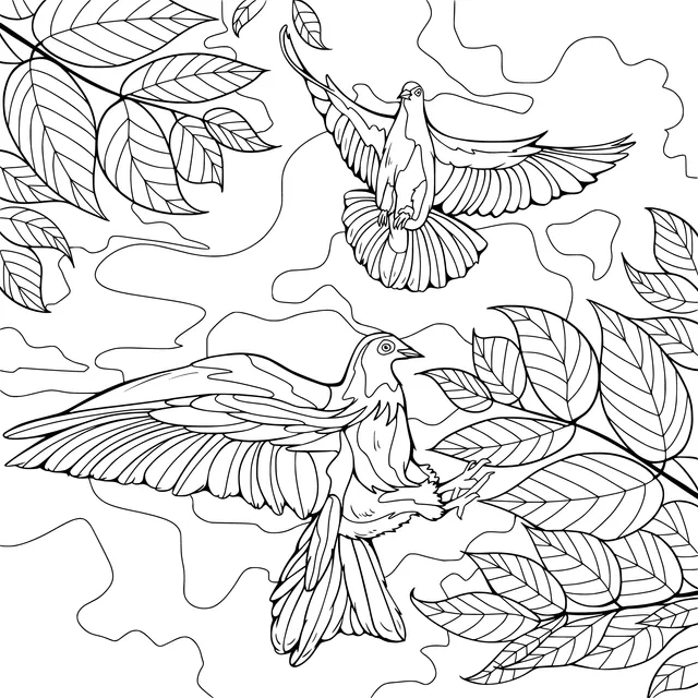 Flying Pigeons and Autumn Leaves