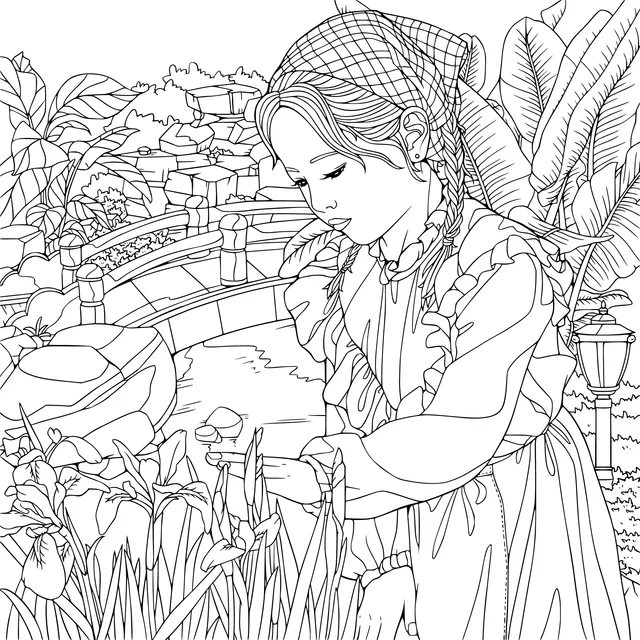 Woman Admiring Irises