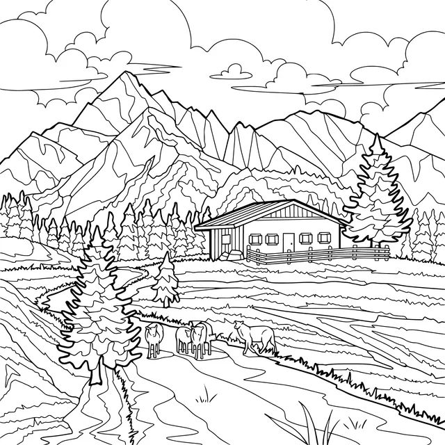 Mountain Cabin and Pasture Scene